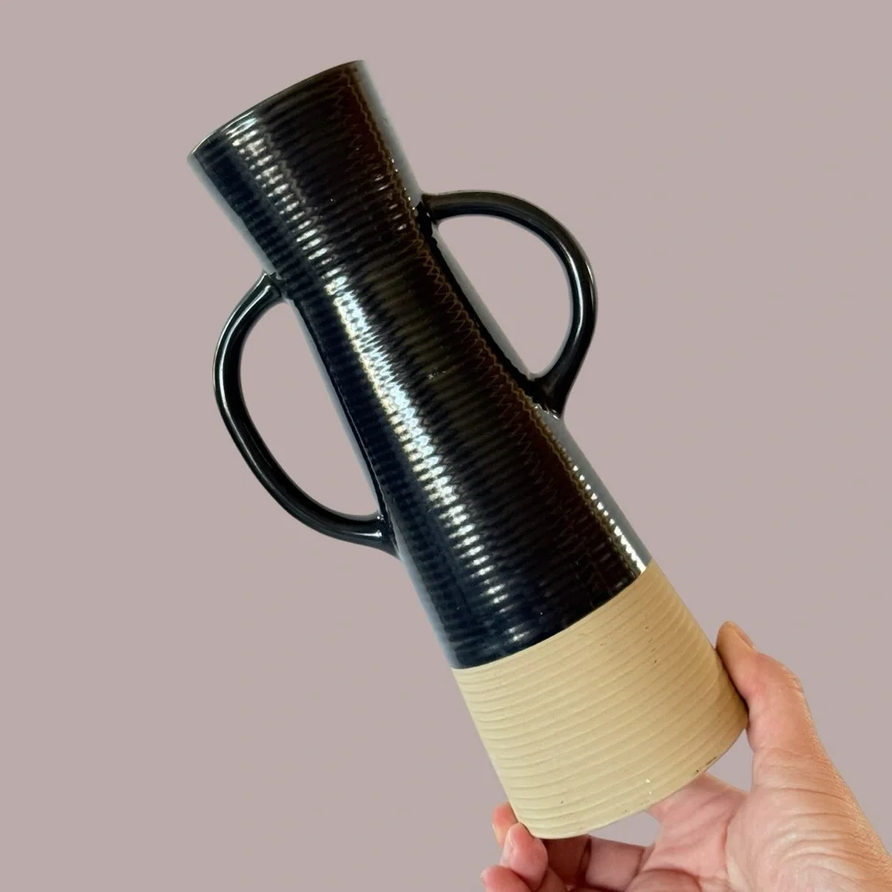Crate & Barrel Sibely Navy & Beige Ceramic Candlestick Holder 9 5/8”